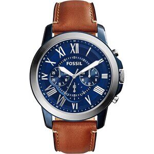 Men Silver Blue  Grant Quartz Stainless Steel and Leather Chronograph Watch